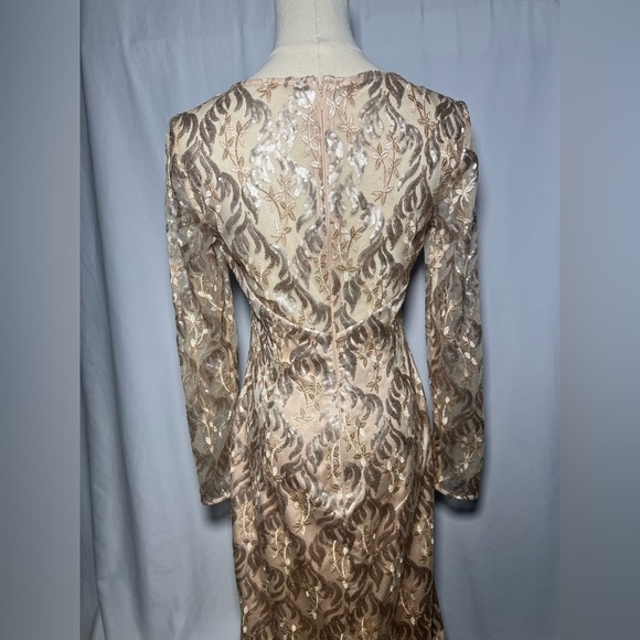 Eliza J Long Sleeve beaded overlay Champagne Dress | 4 - Picture 6 of 7